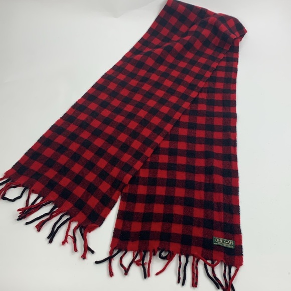 The Gap Vintage Red black Buffalo plaid Scarf Lambswool Tassel Design Soft - Picture 5 of 10